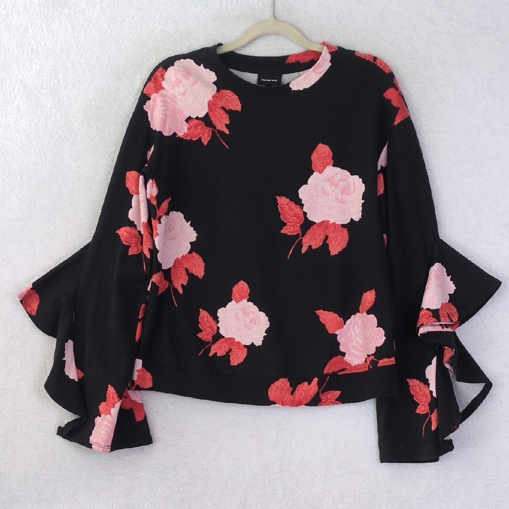 Who What Wear Women's Pink‎ Floral Rose Flared Bell Sleeve Shirt Size S